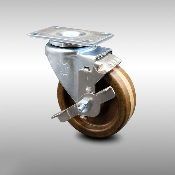 4 Inch SS High Temp Phenolic Swivel Top Plate Caster with Brake